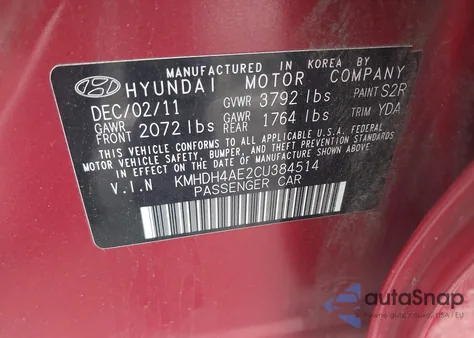 2012 Hyundai Elantra Gls (Ulsan Plant) from USA, damaged, VIN KMHDH4AE2CU384514